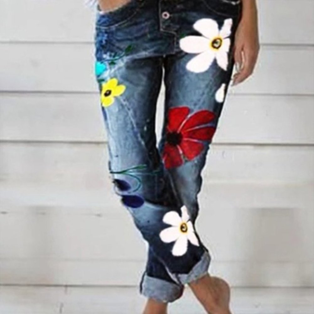 Worn Dark Blue Flower Prints, Button Fly runs small